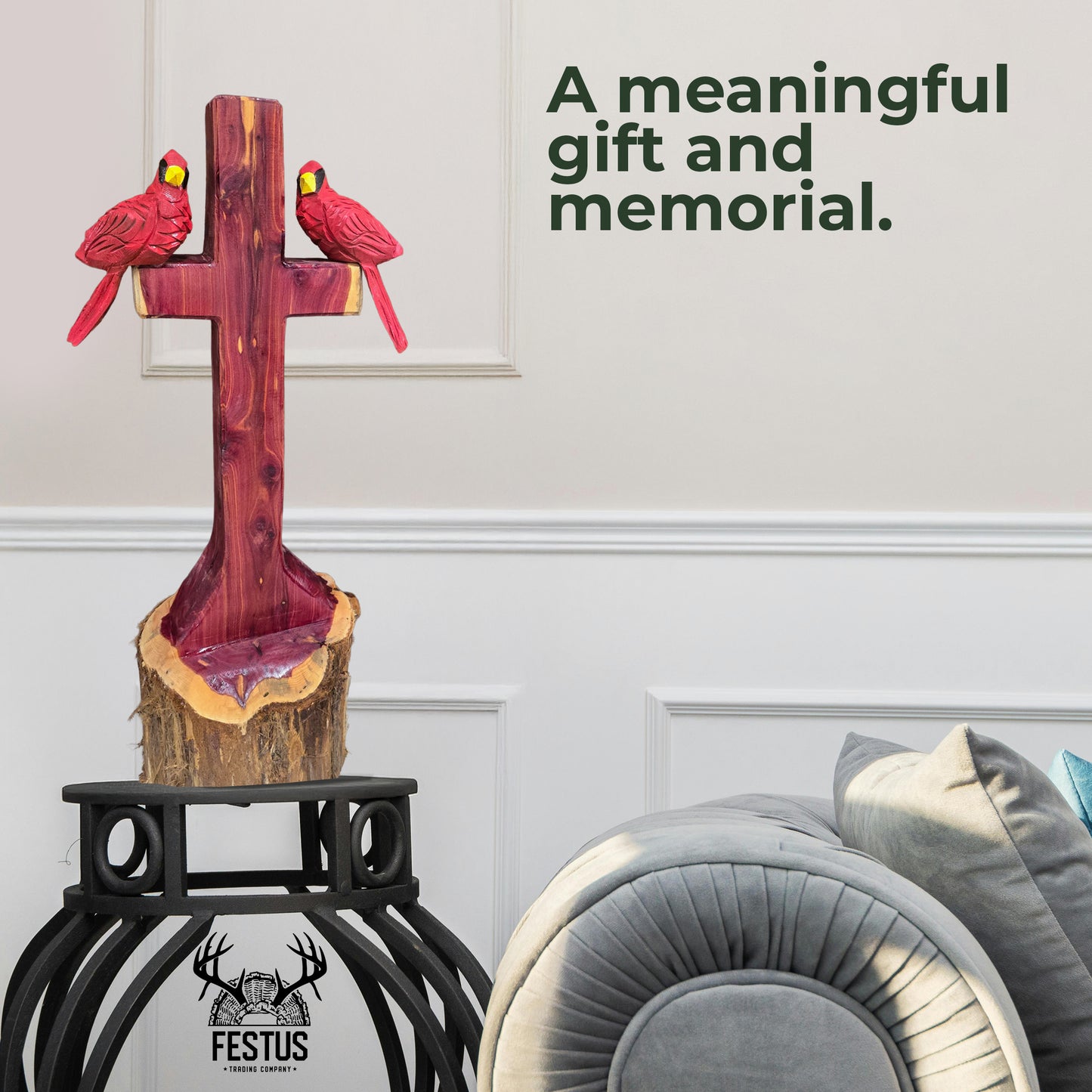 One/Two Cedar Cardinals on a Cross without Nameplate– Handmade Chainsaw Carving | Rustic Outdoor Décor & Memorial Art