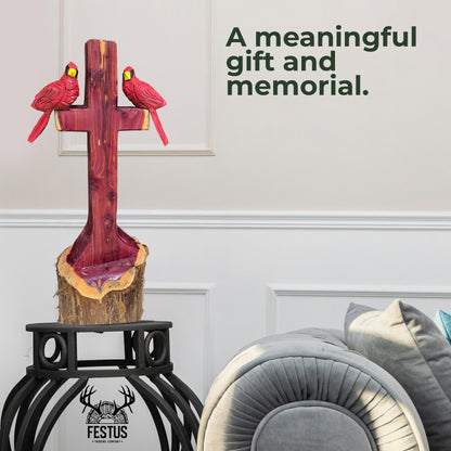 One/Two Cedar Cardinals on a Cross without Nameplate– Handmade Chainsaw Carving | Rustic Outdoor Décor & Memorial Art