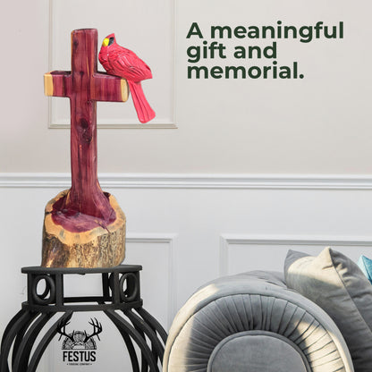 One/Two Cedar Cardinals on a Cross without Nameplate– Handmade Chainsaw Carving | Rustic Outdoor Décor & Memorial Art