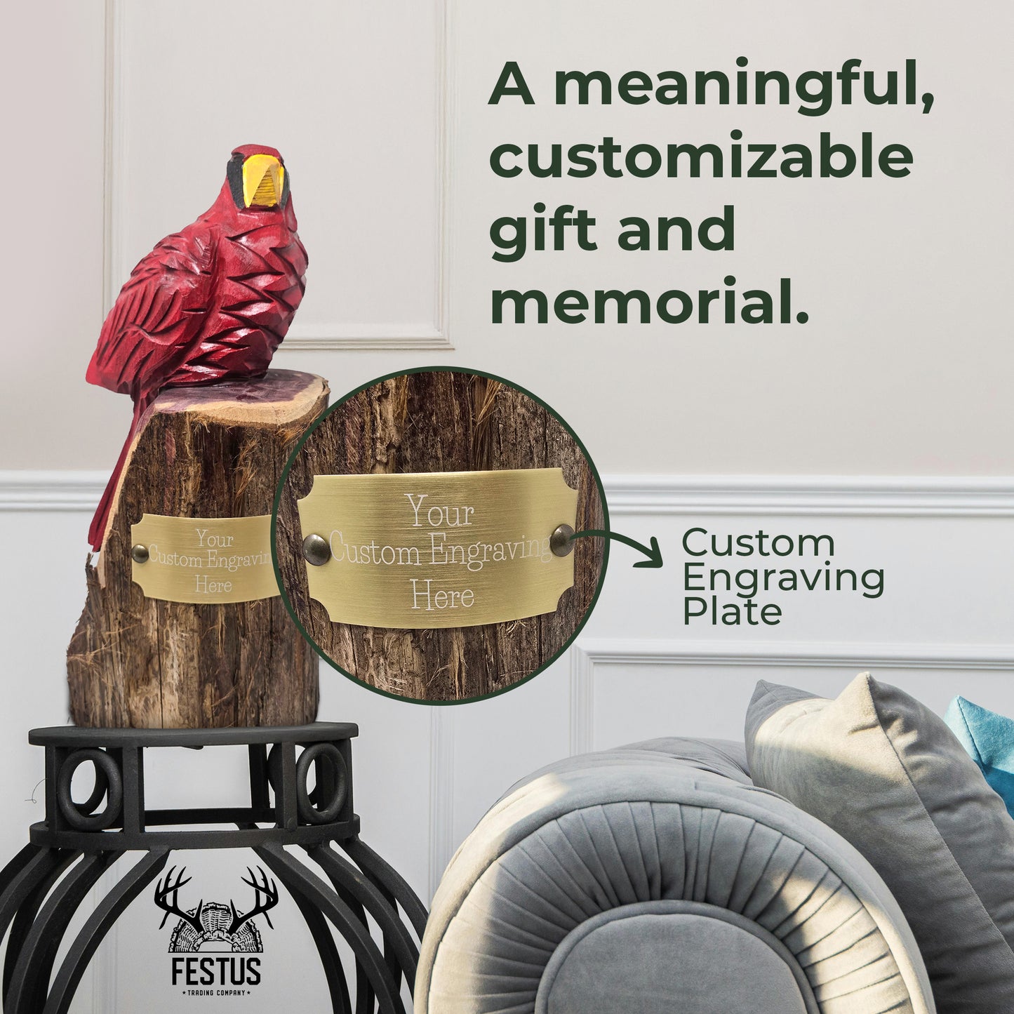 Hand-Carved Red Cardinal Bird with Custom Engraved Nameplate – Wooden Memorial Figurine for Farmhouse & Outdoor Décor – Made in USA