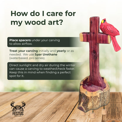 One/Two Cedar Cardinals on a Cross without Nameplate– Handmade Chainsaw Carving | Rustic Outdoor Décor & Memorial Art