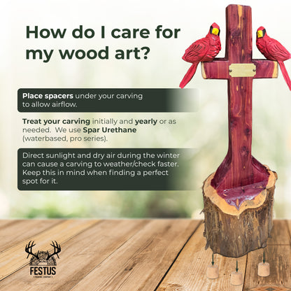 One/Two Cedar Cardinals on a Cross – Handmade Chainsaw Carving | Rustic Outdoor Décor & Memorial Art