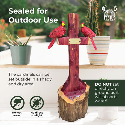 One/Two Cedar Cardinals on a Cross – Handmade Chainsaw Carving | Rustic Outdoor Décor & Memorial Art